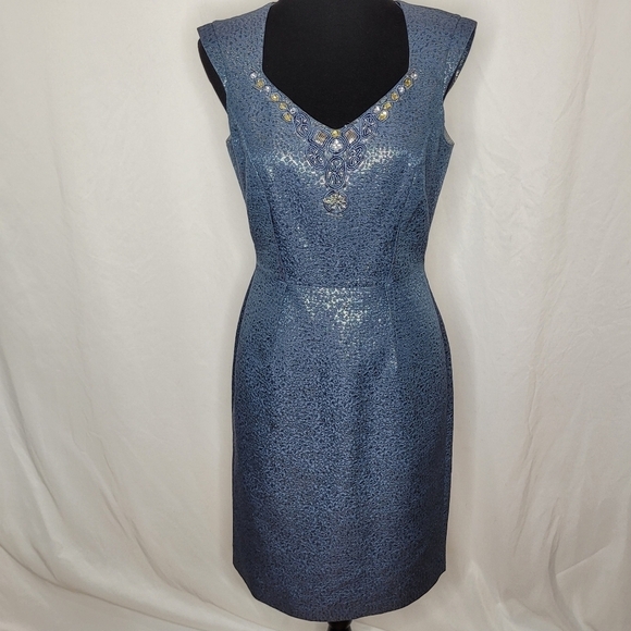 Tahari Arthur S. Levine Blue Metallic Beaded Cocktail Sheath Dora Dress - Size 4 - Picture 1 of 12